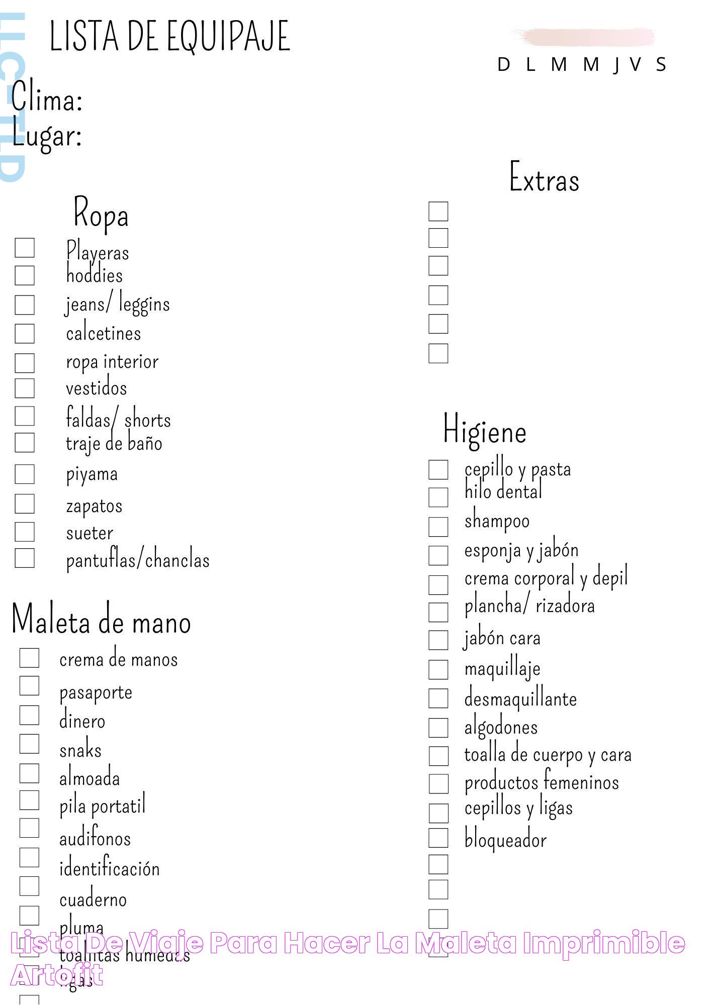 Lista de viaje para hacer la maleta imprimible Artofit