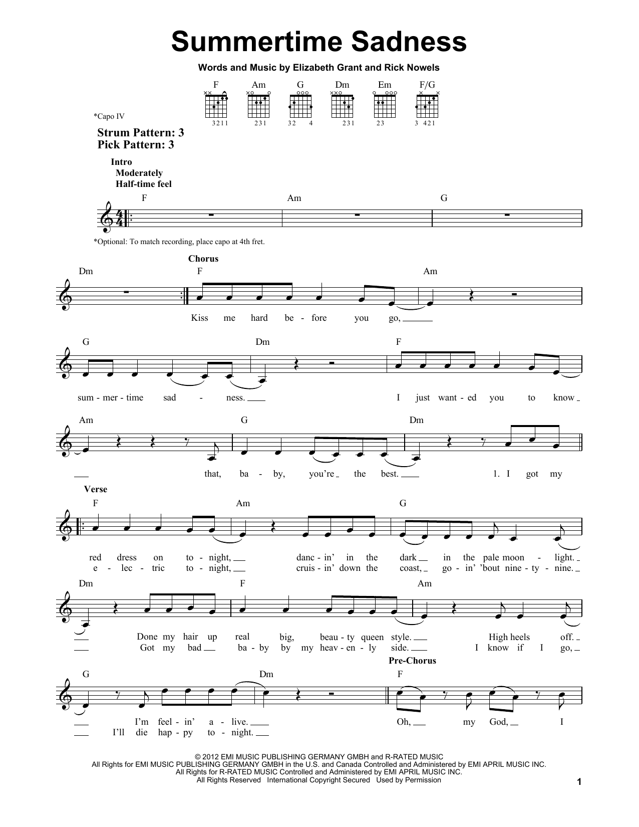 Lana Del Rey Summertime Sadness Sheet Music Notes, Chords E, 47 OFF