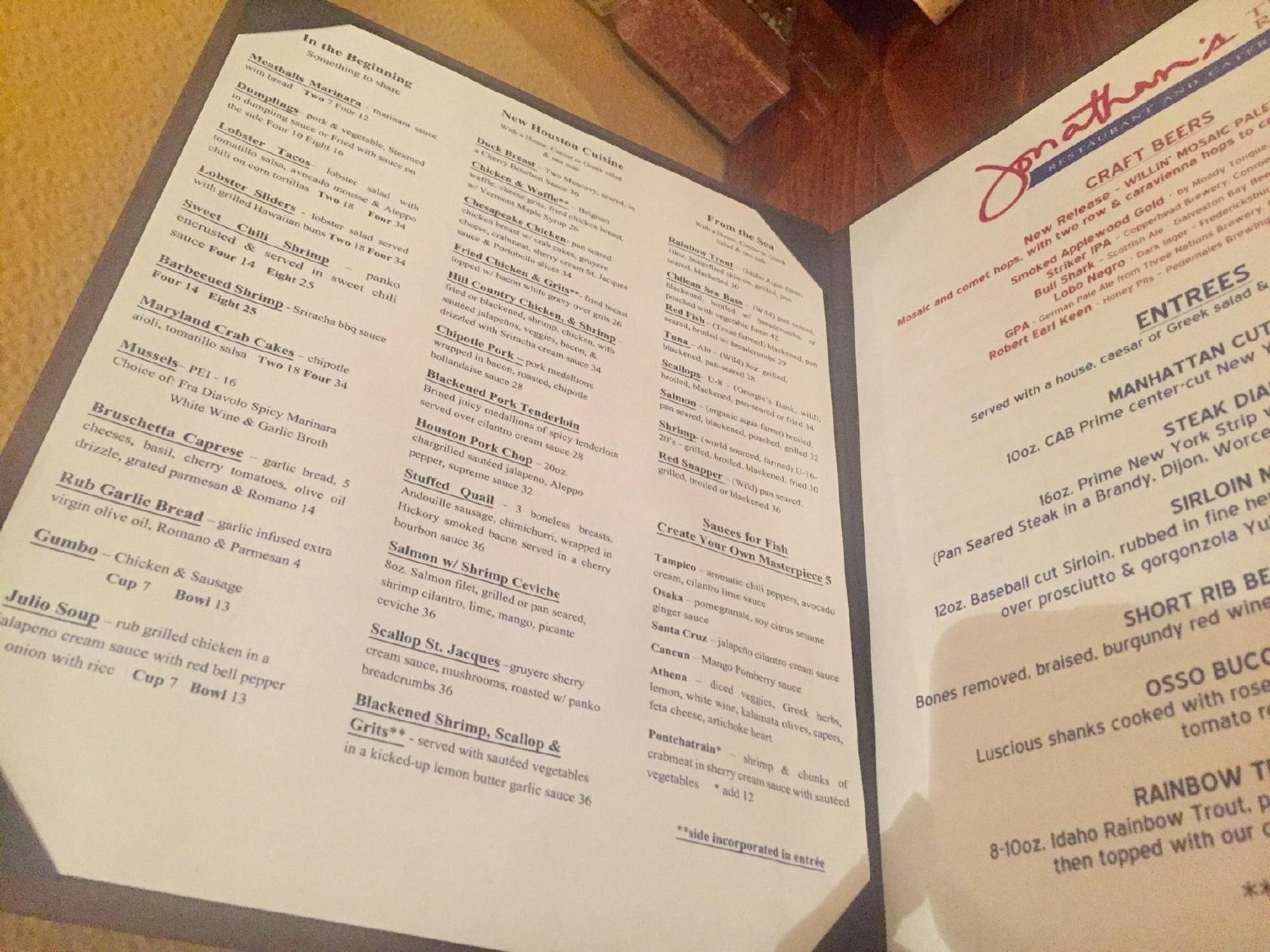 Menu at Jonathan's The Rub restaurant, Houston, Katy Fwy