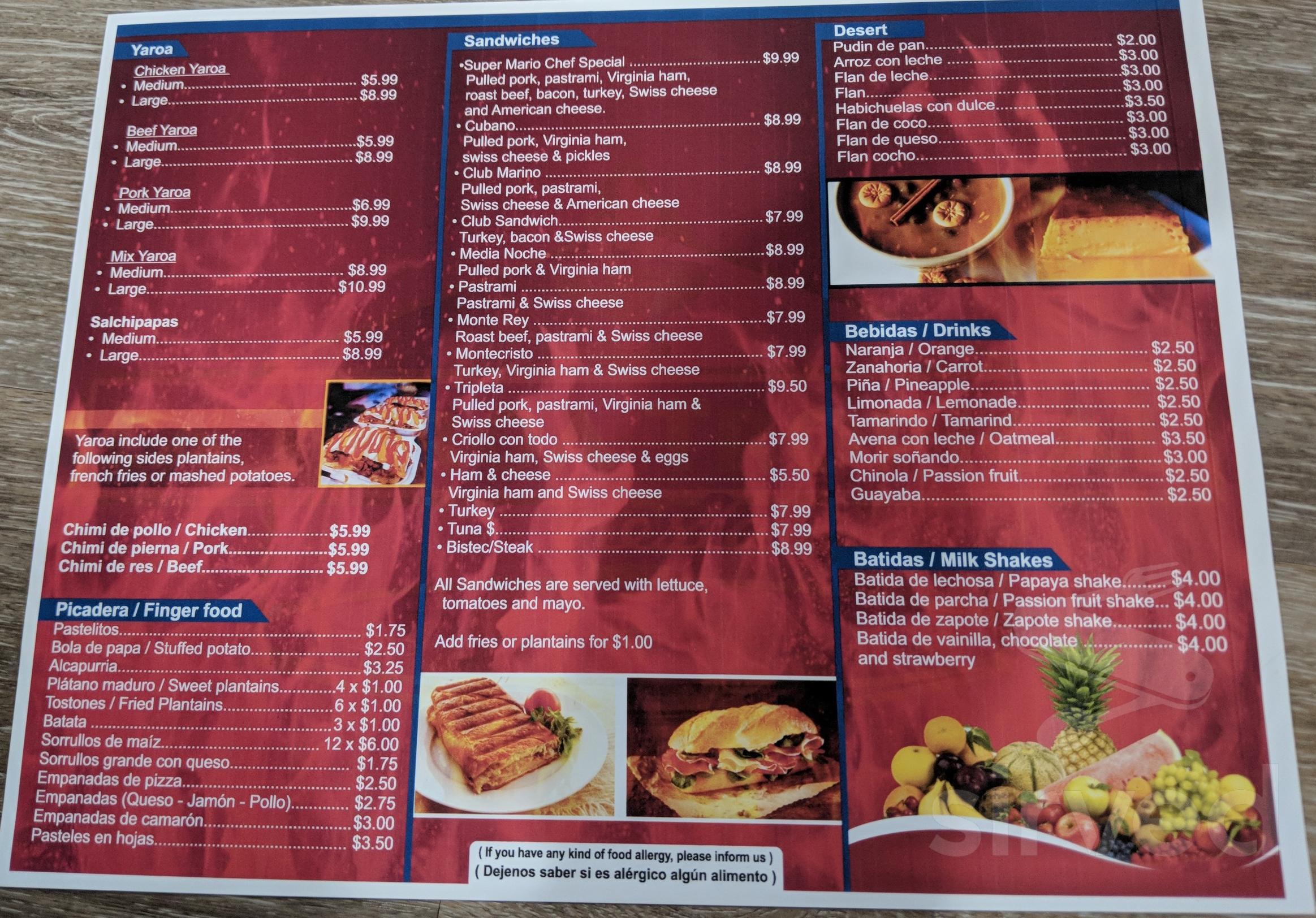 La Yaroa Tropical Restaurant menus in Norfolk, Virginia, United States