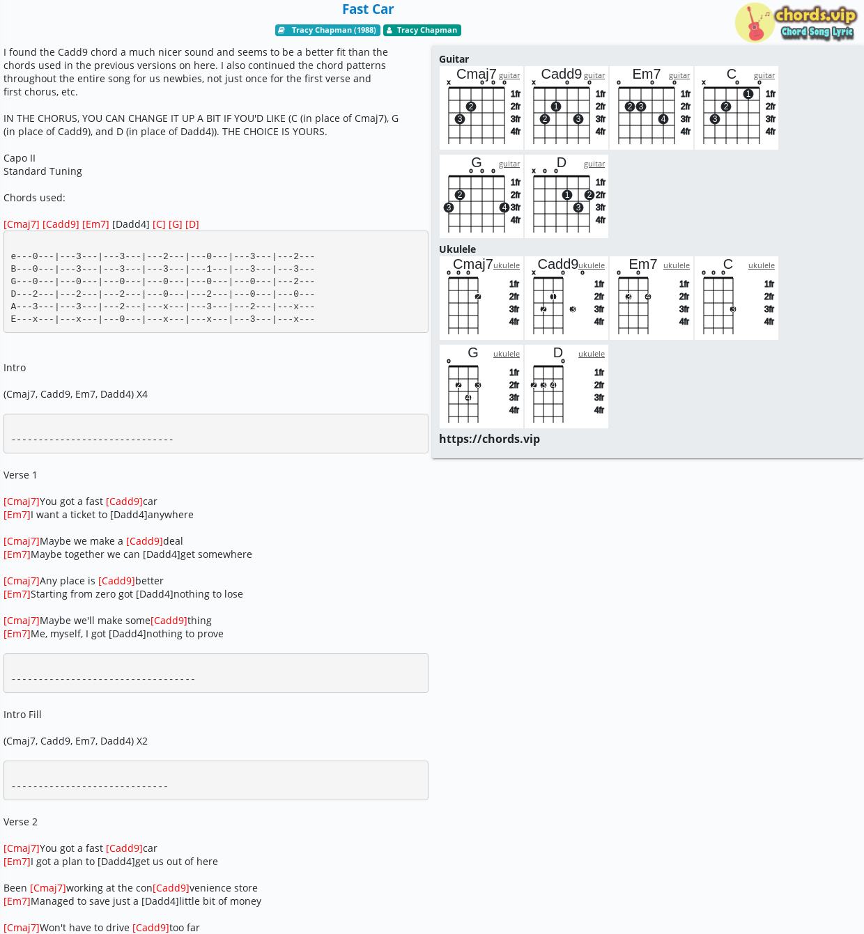 Chord Fast Car tab, song lyric, sheet, guitar, ukulele chords.vip