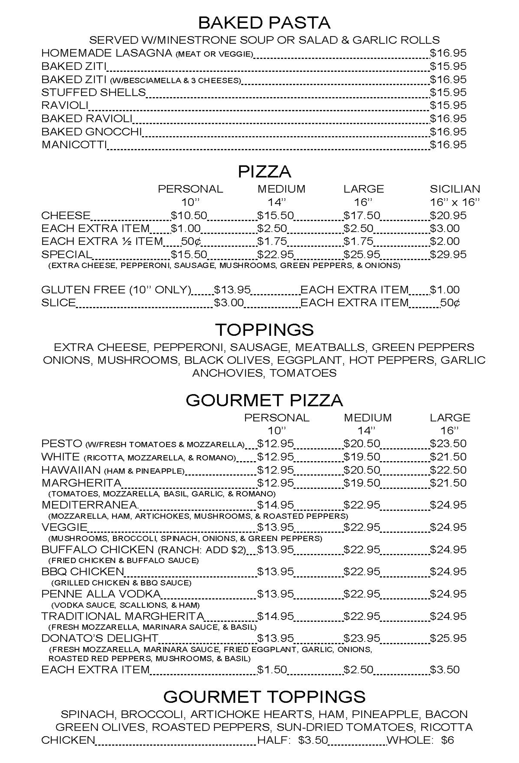 Take out & Delivery DONATO'S RISTORANTE